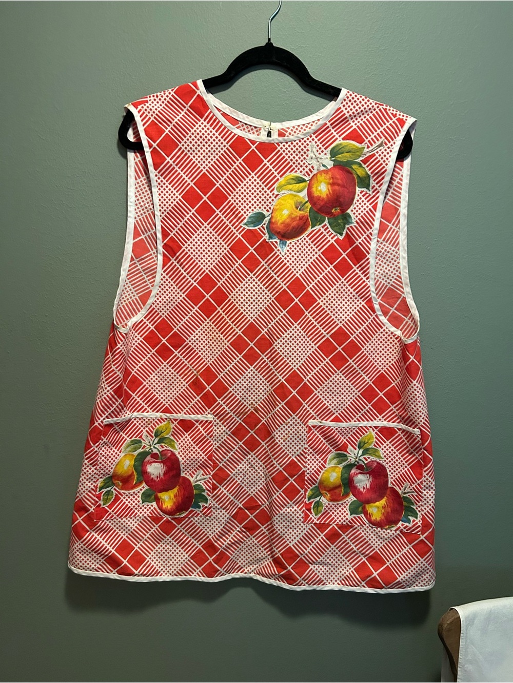 Red Plaid Kitchen Apron Dress with Apple Motif